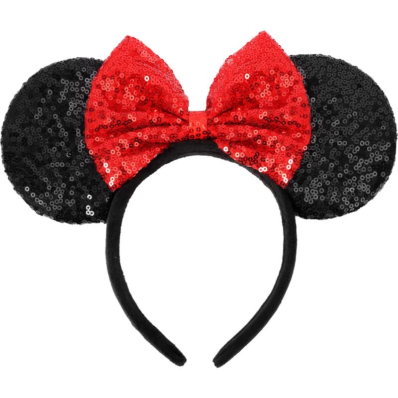 ETLUK Mouse Ears Headband, Mouse Ears Sequin Bow Headbands for Women Girls, Cosplay Accessories Party Decorations (Red Bow) - Image 1